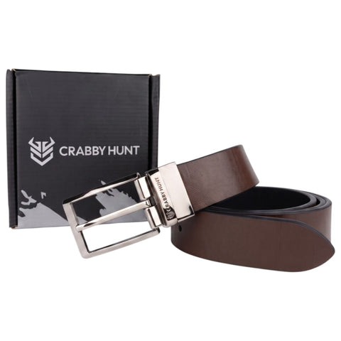 Crabby Hunt Men's Reversible Italian Leather Belt | Black & Brown | Premium Silver Pin Buckle | Genuine Leather Formal Belt for Men | 35 mm