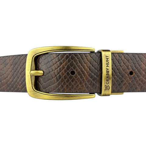 Crabby Hunt Men’s Reversible Genuine Leather Belt – Black & Brown Snake Texture with Antique Gold Buckle