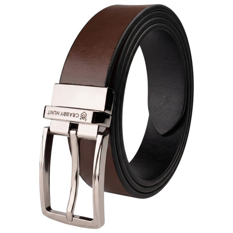 Crabby Hunt Reversible Genuine Leather Belt for Men | Black & Brown 2-in-1 Formal Belt with Premium Metal Buckle