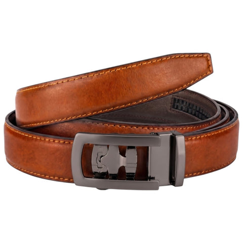 Crabby Hunt Men's Genuine Leather Auto Lock Belt – Choco Brown | Grey Ratchet Buckle | 35mm Formal Belt