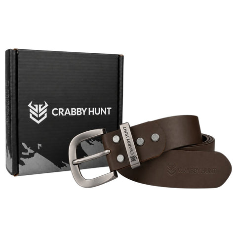 Crabby Hunt Classic Brown Leather Belt with Grey Round Buckle