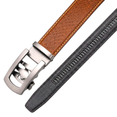 Crabby Hunt Men's Genuine Leather Auto Lock Belt – Python Texture Brown | Grey Ratchet Buckle | 35mm Formal Belt