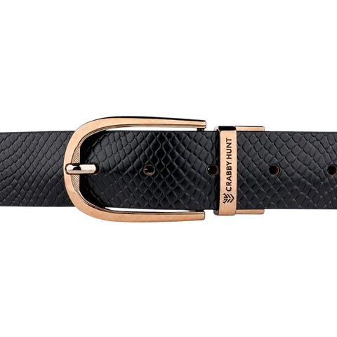Crabby Hunt Men's Reversible Italian Leather Belt | Black & Brown Snake Texture | Premium Rose Gold Pin Buckle | Genuine Leather Belt for Men