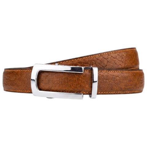 Crabby Hunt Men's Genuine Leather Auto Lock Belt – Brown Python Texture | Silver Ratchet Buckle | 35mm
