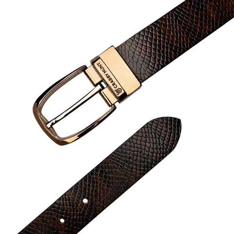 Crabby Hunt Men's Reversible Italian Leather Belt | Black & Brown Snake Texture | Premium Rose Gold Pin Buckle | Genuine Leather Belt for Men