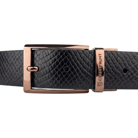 Crabby Hunt Men's Reversible Italian Leather Belt – Black & Brown Textured Belt with Rose Gold Square Buckle | Premium Genuine Leather Belt for Men