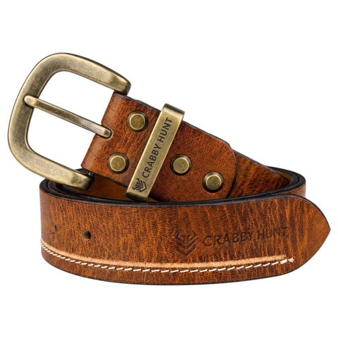 Crabby Hunt Vintage Brown Genuine Leather Belt for Men | Antique Brass Buckle | Casual & Formal Wear