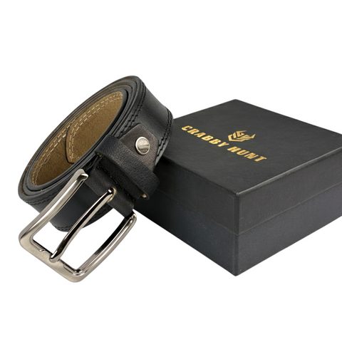 Crabby Hunt Classic Black Leather Belt with Brushed Metal Buckle – Refined Everyday Essential