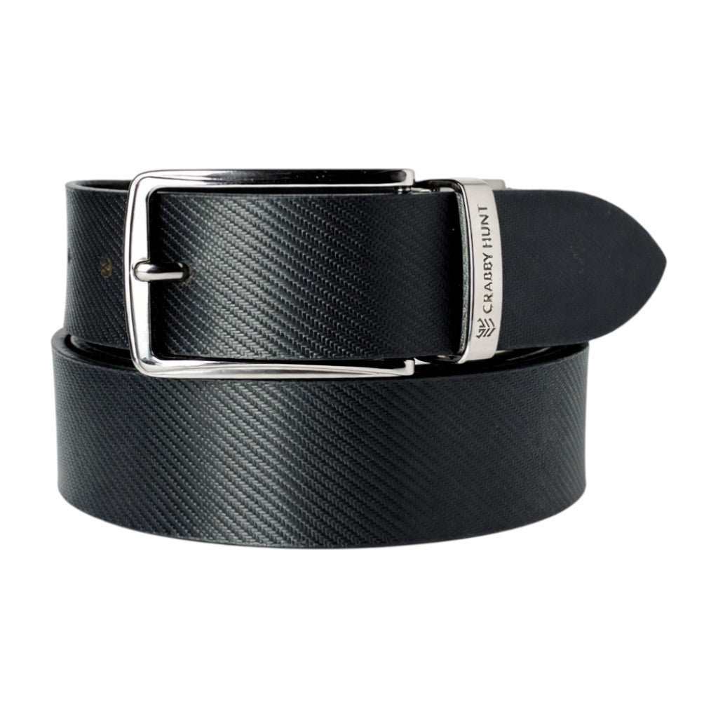 Black reversible leather belt with silver buckle on a white background