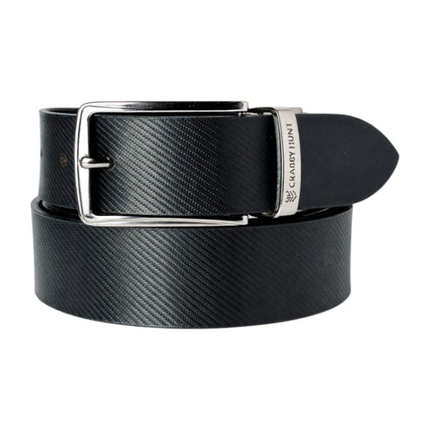 Black reversible leather belt with silver buckle on a white background