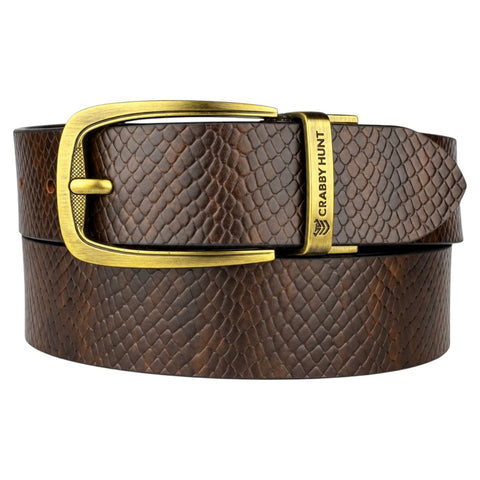 Crabby Hunt Men’s Reversible Genuine Leather Belt – Black & Brown Snake Texture with Antique Gold Buckle