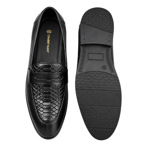 Crabby Hunt Men’s Black Textured Penny Loafers – Snake Pattern Formal Slip-On Shoes