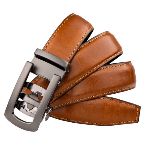Crabby Hunt Men's Genuine Leather Auto Lock Belt – Choco Brown | Grey Ratchet Buckle | 35mm Formal Belt