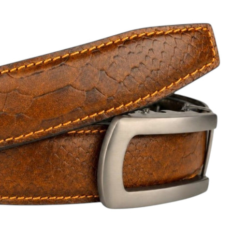 Crabby Hunt Men's Genuine Leather Auto Lock Belt – Python Texture Brown | Grey Ratchet Buckle | 35mm Formal Belt