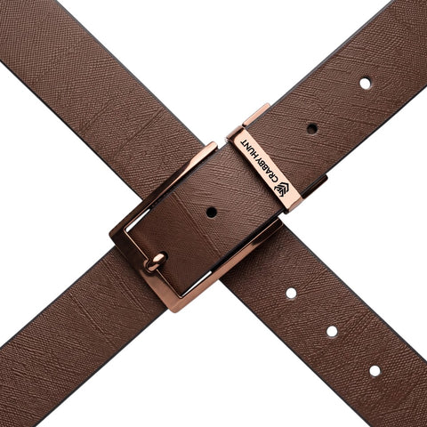 Men's Genuine Leather Belt | Textured Brown Leather Belt with Rose Gold Buckle | Crabby Hunt