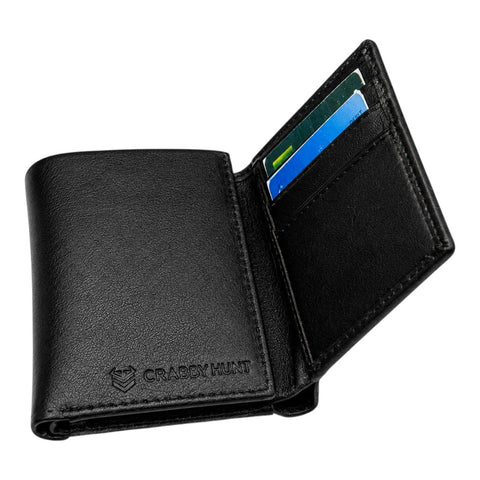 CRABBY HUNT Genuine Leather Tri-Fold Wallet for Men | Wallet with ID Window, Coin Pocket & Card Slots – Black