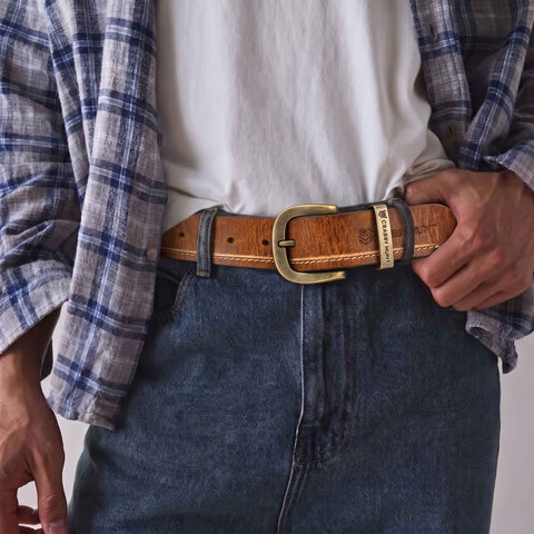 Crabby Hunt Vintage Brown Genuine Leather Belt for Men | Antique Brass Buckle | Casual & Formal Wear