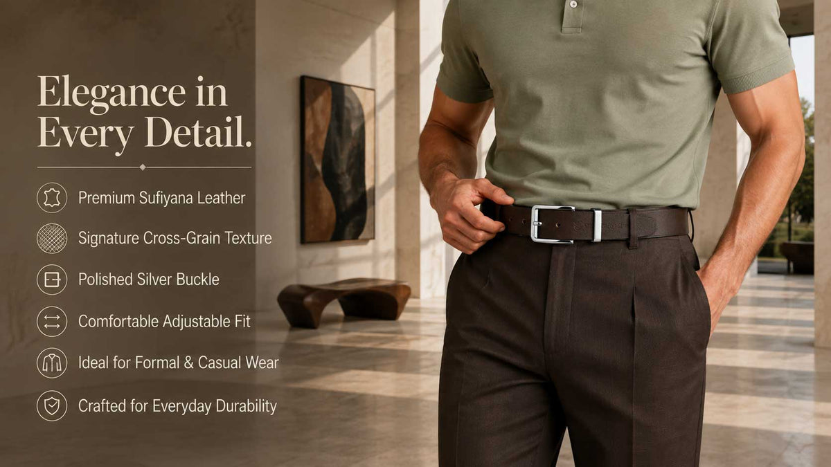 Crabby Men's Sufiyana Brown Genuine Leather Belt with Silver Buckle | Classic Formal & Casual Belt