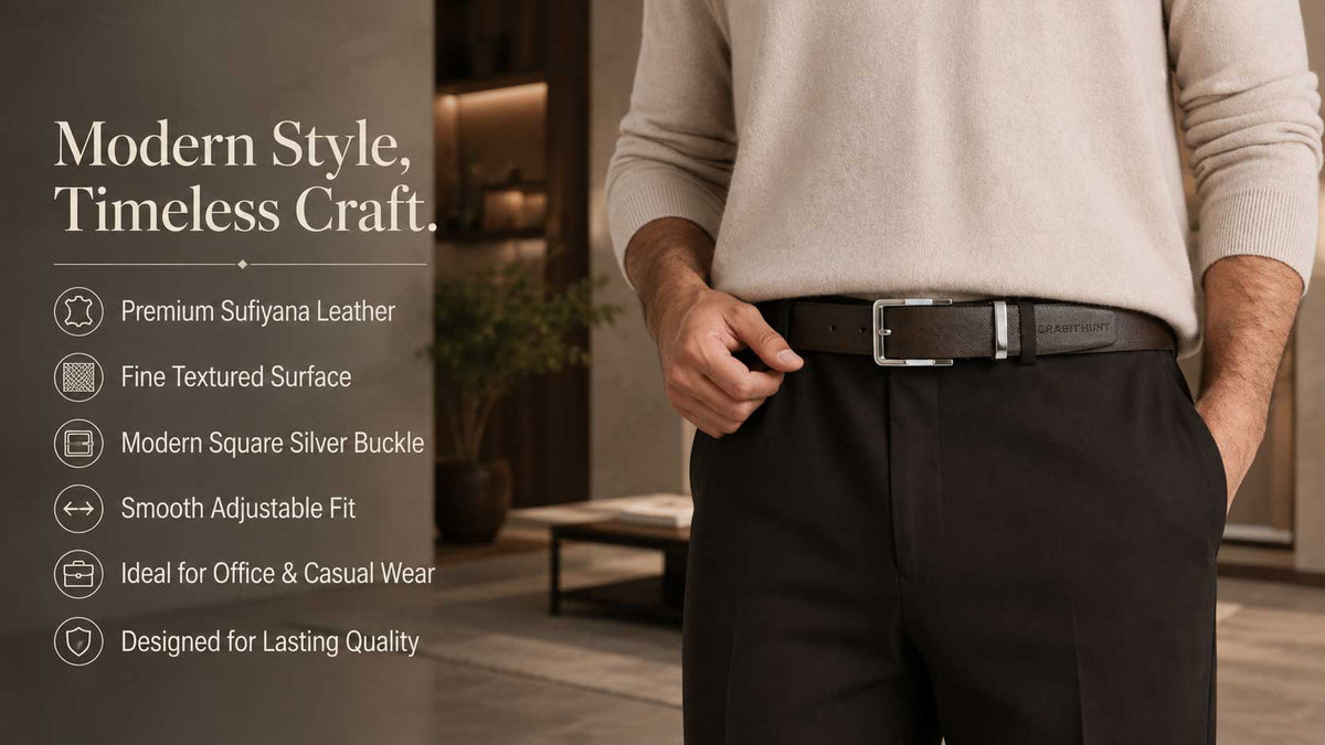 Crabby Hunt Sufiyana Textured Brown Leather Belt with Square Buckle | Premium Formal & Casual Men's Belt