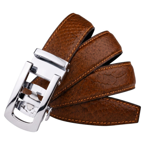 Crabby Hunt Men's Genuine Leather Auto Lock Belt – Brown Python Texture | Silver Ratchet Buckle | 35mm