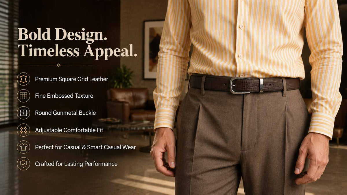 Crabby Hunt Men's Brown Leather Belt with Square Grid Texture & Gunmetal Round Buckle