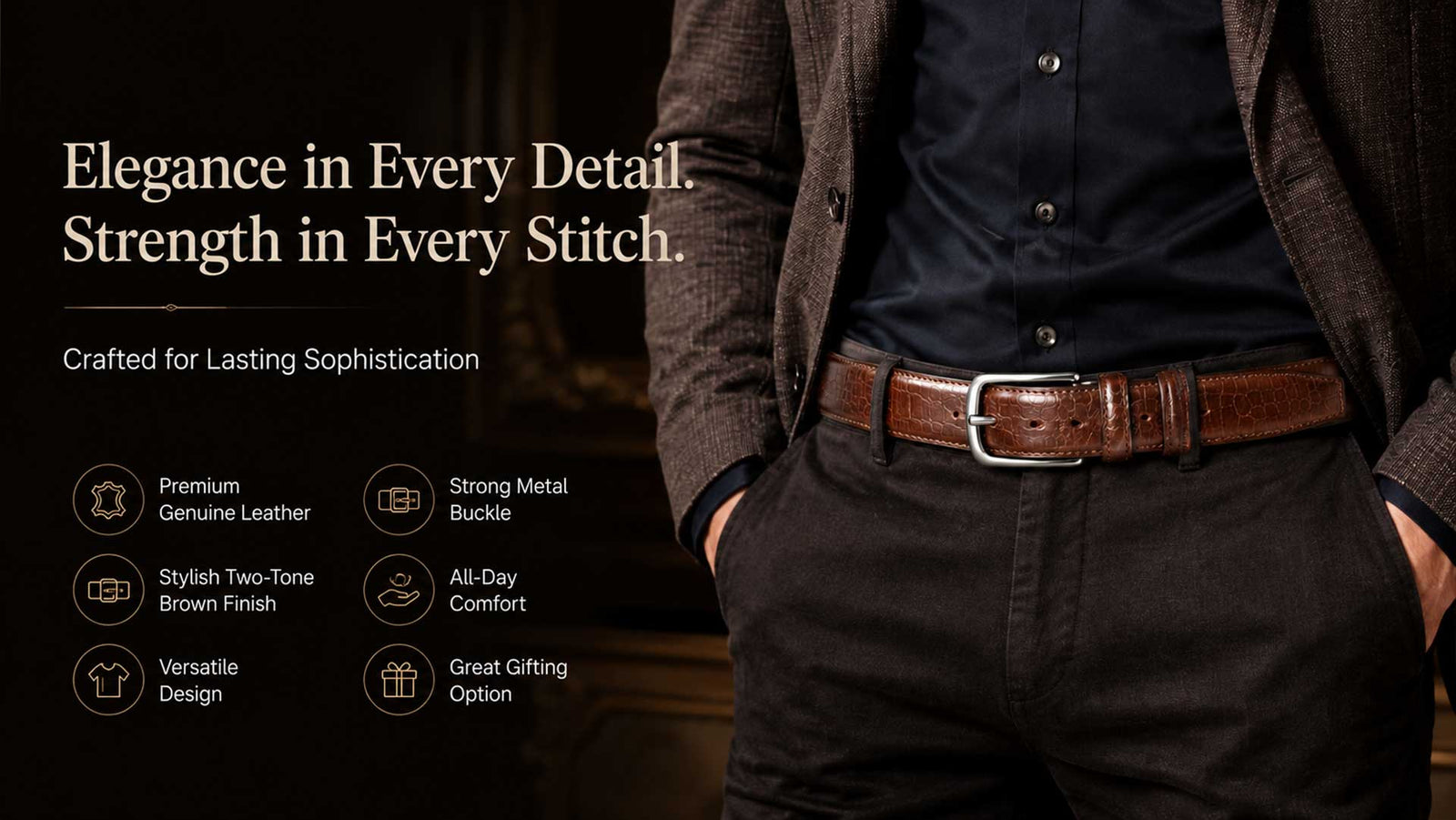 Crabby Hunt Brown Croco Pattern Genuine Leather Belt for Men