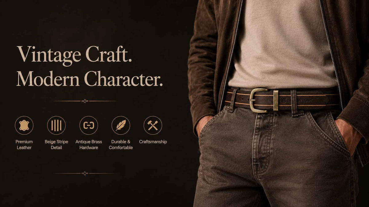 Crabby Hunt Vintage Brown Leather Belt with Beige Stripe & Antique Brass Buckle