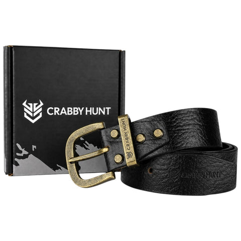 Genuine Black Leather Belt with Antique Brass Metal Buckle – Crabby Hunt