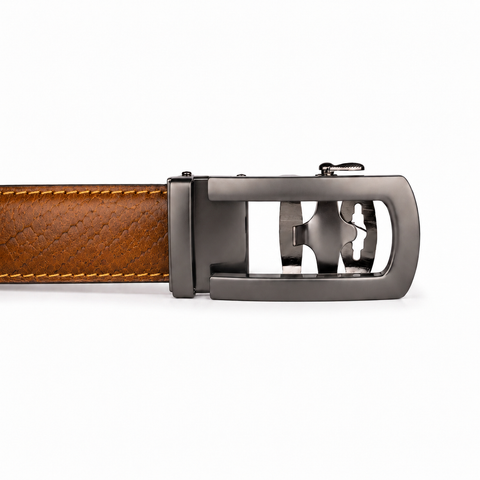 Crabby Hunt Men's Genuine Leather Auto Lock Belt – Tan Tiger | Silver Auto Lock Buckle | 35mm Formal Belt