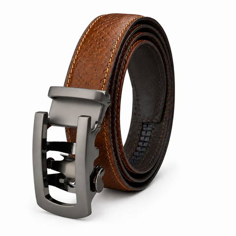 Crabby Hunt Men's Genuine Leather Auto Lock Belt – Tan Tiger | Silver Auto Lock Buckle | 35mm Formal Belt