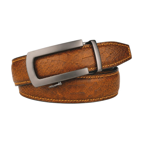 Crabby Hunt Men's Genuine Leather Auto Lock Belt – Tan Tiger | Silver Auto Lock Buckle | 35mm Formal Belt