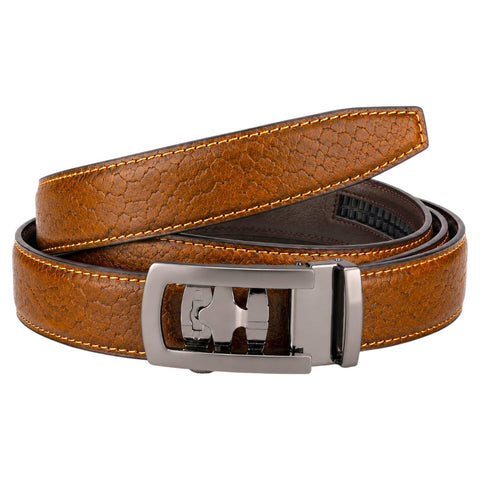 Crabby Hunt Men's Genuine Leather Auto Lock Belt – Tan Tiger | Silver Auto Lock Buckle | 35mm Formal Belt
