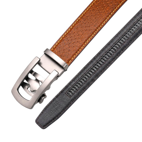 Crabby Hunt Men's Genuine Leather Auto Lock Belt – Tan Tiger | Silver Auto Lock Buckle | 35mm Formal Belt