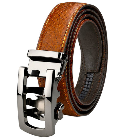 Crabby Hunt Men's Genuine Leather Auto Lock Belt – Tan Tiger | Silver Auto Lock Buckle | 35mm Formal Belt