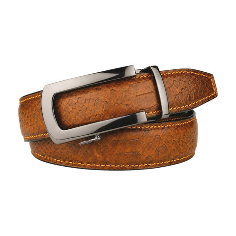 Crabby Hunt Men's Genuine Leather Auto Lock Belt – Tan Tiger | Silver Auto Lock Buckle | 35mm Formal Belt