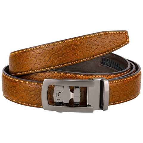 Crabby Hunt Men's Genuine Leather Auto Lock Belt – Tan Tiger | Silver Auto Lock Buckle | 35mm Formal Belt