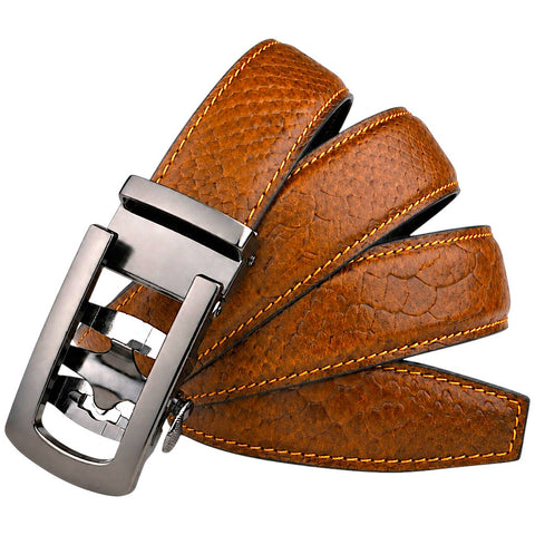 Crabby Hunt Men's Genuine Leather Auto Lock Belt – Tan Tiger | Silver Auto Lock Buckle | 35mm Formal Belt