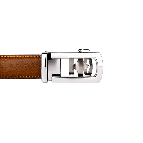 Crabby Hunt Men's Genuine Leather Auto Lock Belt – Tan Tiger | Silver Auto Lock Buckle | 35mm Formal Belt