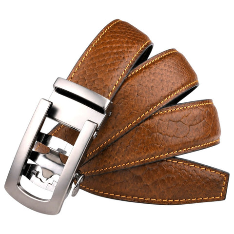 Crabby Hunt Men's Genuine Leather Auto Lock Belt – Tan Tiger | Silver Auto Lock Buckle | 35mm Formal Belt