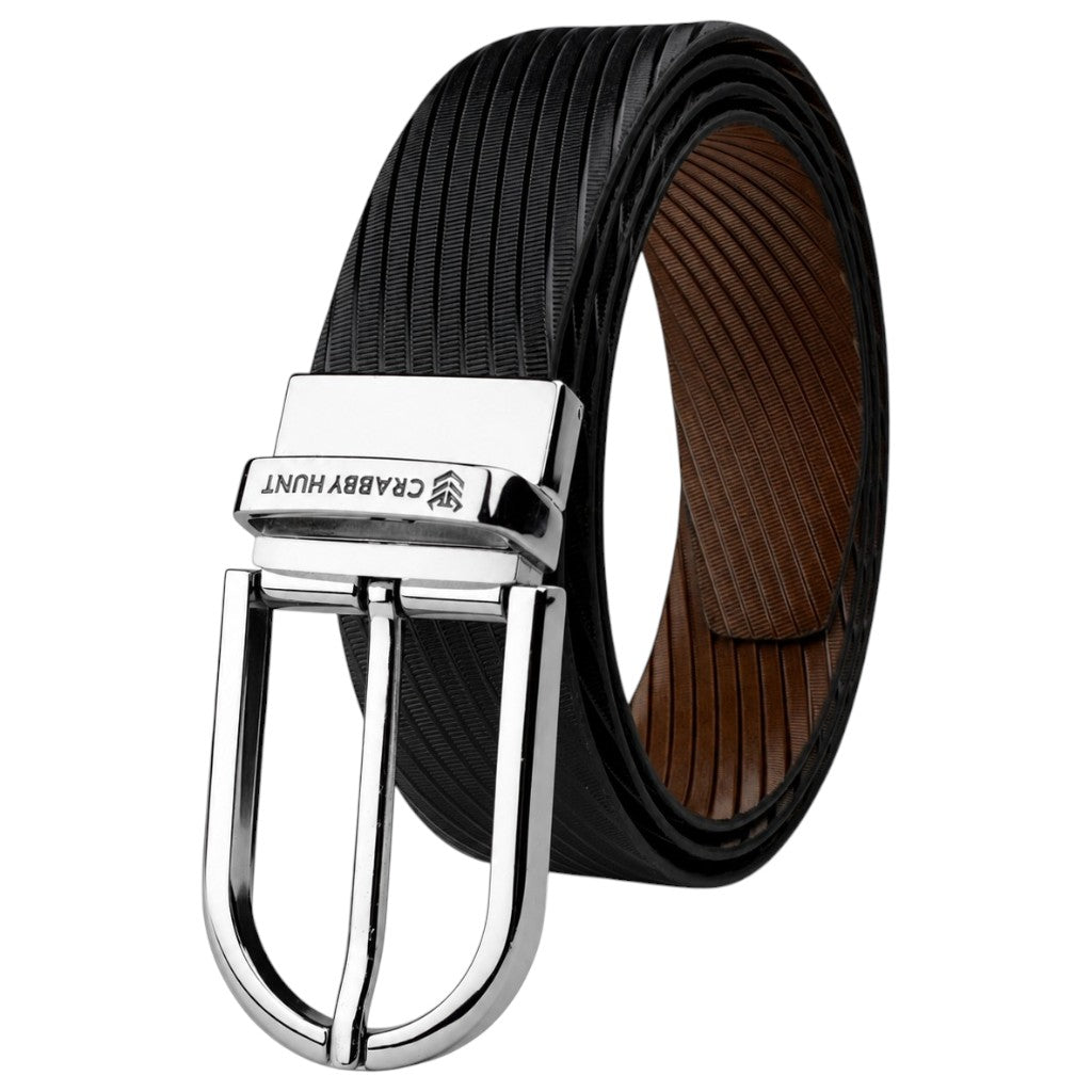 Crabby Hunt Men's Reversible Genuine Leather Belt with Ranger Silver Round Buckle | Black & Brown | Leather Belt-Reversible-RangerSilverRound