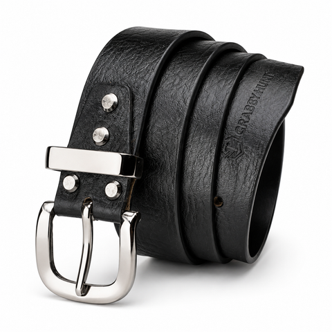 Crabby Hunt Men's Genuine Leather Belt – Black Apollo Strap with Gunmetal Round Buckle | Formal & Casual Belt