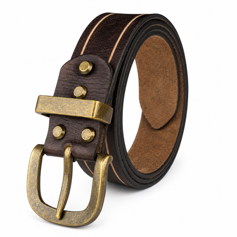 Crabby Hunt Vintage Brown Leather Belt with Beige Stripe & Antique Brass Buckle
