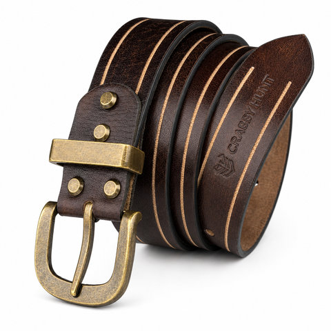 Crabby Hunt Vintage Brown Leather Belt with Beige Stripe & Antique Brass Buckle