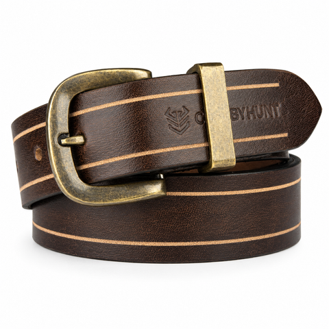 Crabby Hunt Vintage Brown Leather Belt with Beige Stripe & Antique Brass Buckle