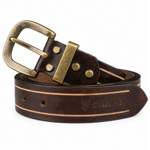 Crabby Hunt Vintage Brown Leather Belt with Beige Stripe & Antique Brass Buckle