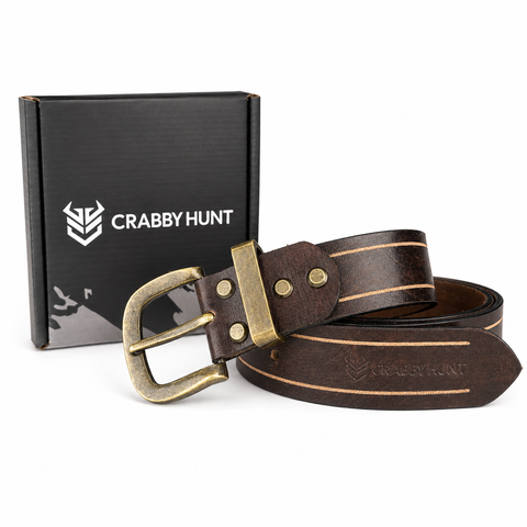 Crabby Hunt Vintage Brown Leather Belt with Beige Stripe & Antique Brass Buckle