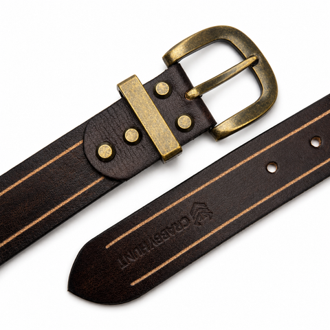 Crabby Hunt Vintage Brown Leather Belt with Beige Stripe & Antique Brass Buckle