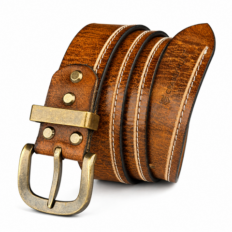 Crabby Hunt Vintage Brown Genuine Leather Belt for Men | Antique Brass Buckle | Casual & Formal Wear