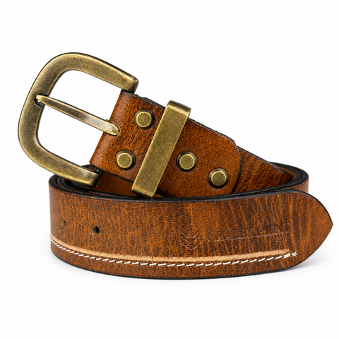 Crabby Hunt Vintage Brown Genuine Leather Belt for Men | Antique Brass Buckle | Casual & Formal Wear