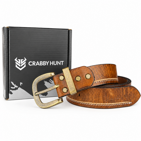 Crabby Hunt Vintage Brown Genuine Leather Belt for Men | Antique Brass Buckle | Casual & Formal Wear